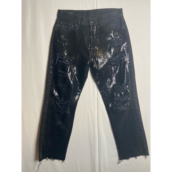 R13 Sequin Boyfriend Jeans Women's 26 Black Denim Distressed - Picture 1 of 14